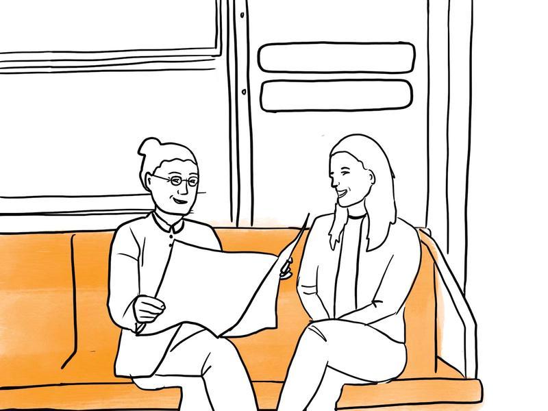 两个女人坐在地铁上的素描